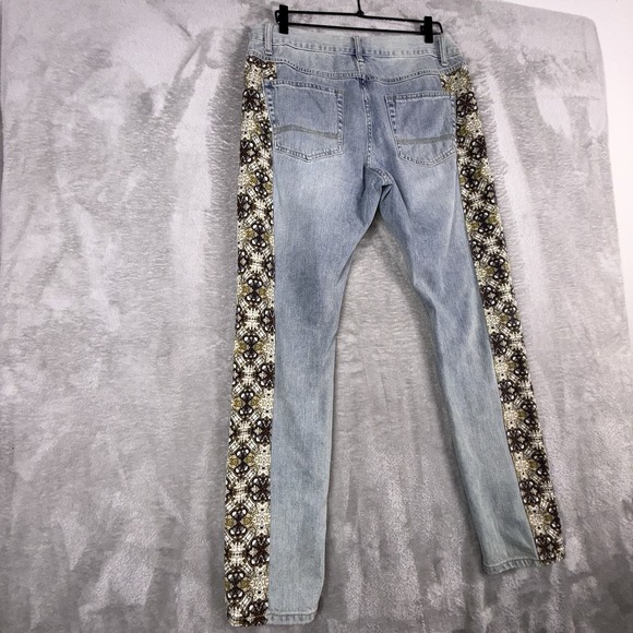 Sun Stone Jeans Womens 32 Light Blue Straight Leg Brown Patch Design Side Panel - Picture 4 of 14